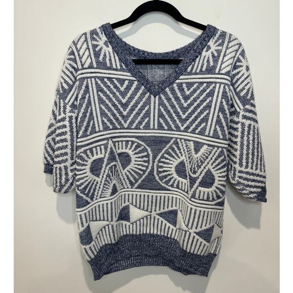 Vintage 80's Organically Grown Elbow Length, Short Sleeve, Blue/White Sweater - Picture 1 of 6